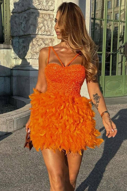 Sequin Spaghetti Strap Criss-Cross Neck Feather Trim Bustier Mini Dress