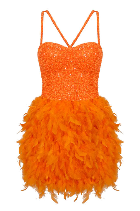 Sequin Spaghetti Strap Criss-Cross Neck Feather Trim Bustier Mini Dress