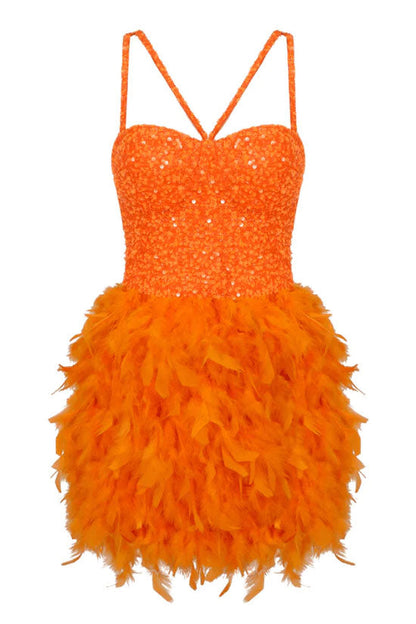 Sequin Spaghetti Strap Criss-Cross Neck Feather Trim Bustier Mini Dress
