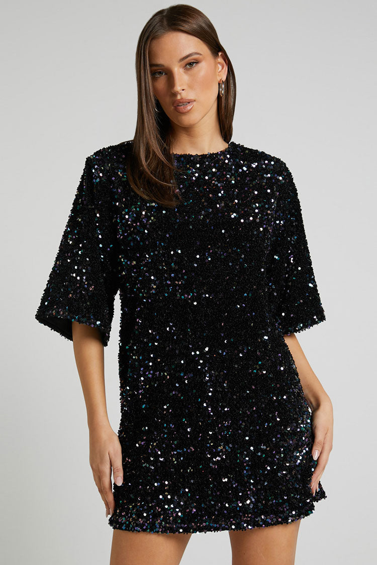 Sequin Crew Neck Short Sleeve Oversized Velvet Shift Mini Dress