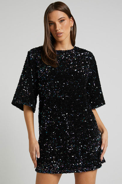 Sequin Crew Neck Short Sleeve Oversized Velvet Shift Mini Dress