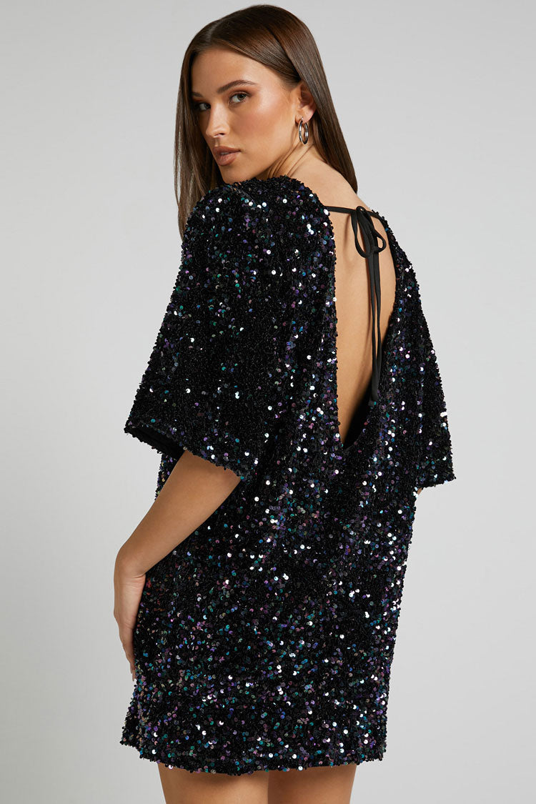 Sequin Crew Neck Short Sleeve Oversized Velvet Shift Mini Dress