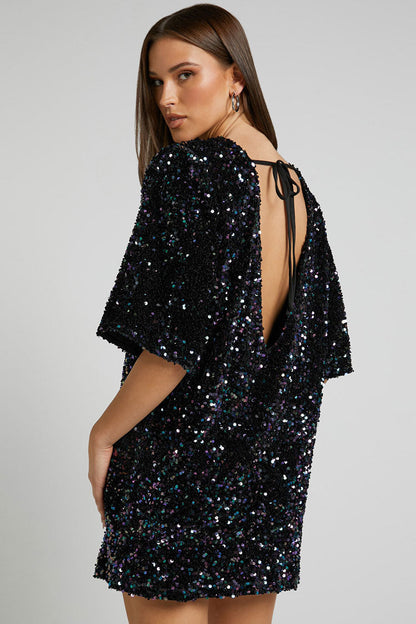Sequin Crew Neck Short Sleeve Oversized Velvet Shift Mini Dress