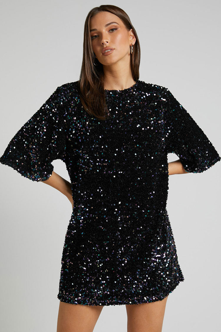 Sequin Crew Neck Short Sleeve Oversized Velvet Shift Mini Dress