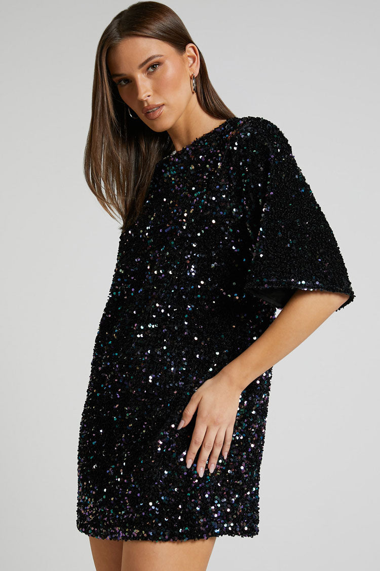 Sequin Crew Neck Short Sleeve Oversized Velvet Shift Mini Dress