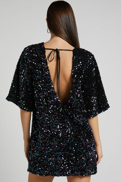 Sequin Crew Neck Short Sleeve Oversized Velvet Shift Mini Dress