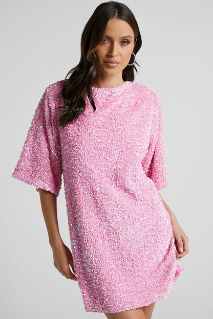Sequin Crew Neck Short Sleeve Oversized Velvet Shift Mini Dress