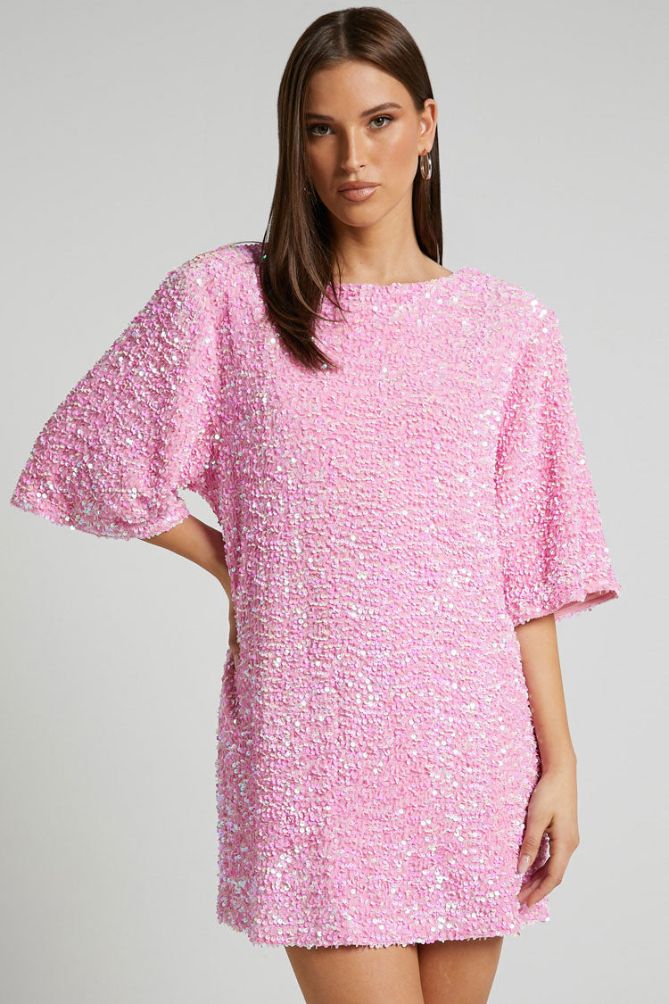 Sequin Crew Neck Short Sleeve Oversized Velvet Shift Mini Dress
