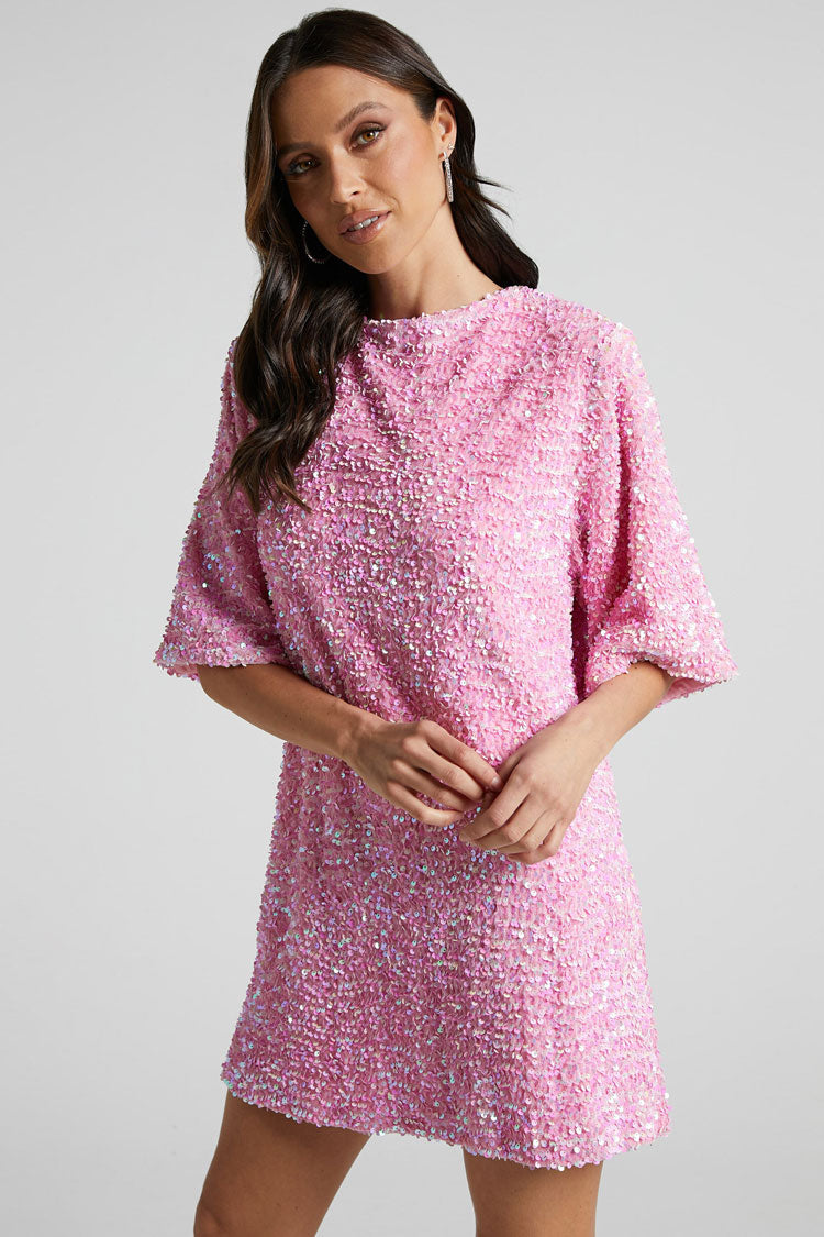 Sequin Crew Neck Short Sleeve Oversized Velvet Shift Mini Dress