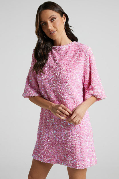 Sequin Crew Neck Short Sleeve Oversized Velvet Shift Mini Dress
