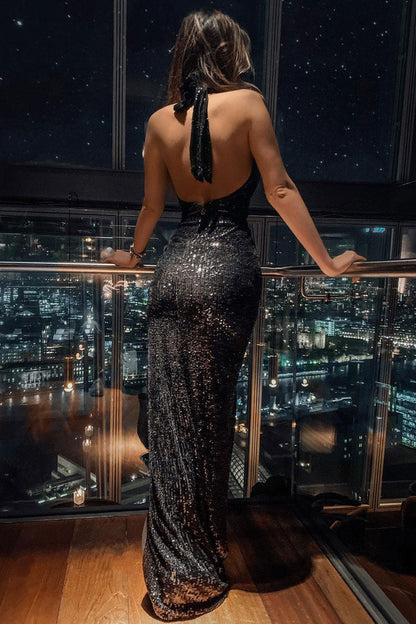 Sequin Halter Deep V-Neck Backless Front Slit Maxi Gown