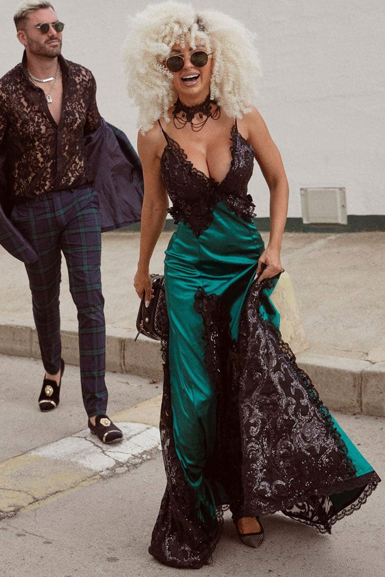 Sequin Lace Trim Deep V-Neck Spaghetti Strap High Split Satin Maxi Gown