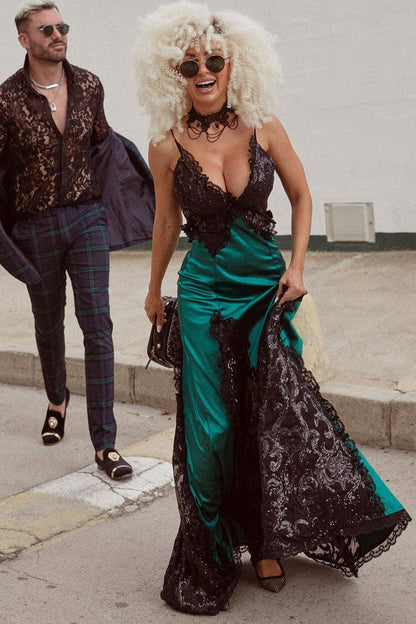 Sequin Lace Trim Deep V-Neck Spaghetti Strap High Split Satin Maxi Gown