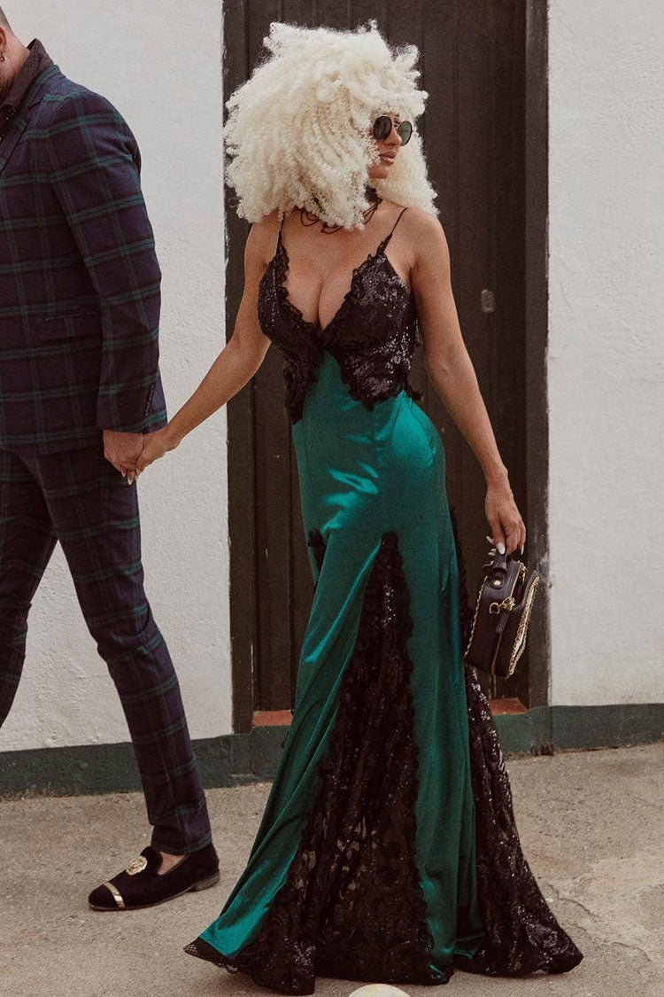 Sequin Lace Trim Deep V-Neck Spaghetti Strap High Split Satin Maxi Gown