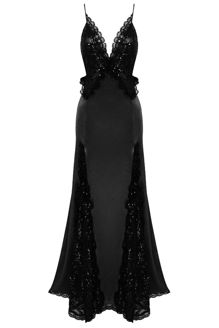 Sequin Lace Trim Deep V-Neck Spaghetti Strap High Split Satin Maxi Gown
