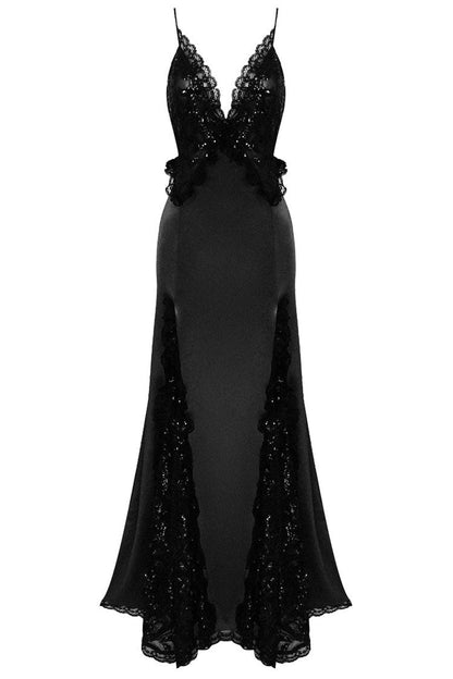 Sequin Lace Trim Deep V-Neck Spaghetti Strap High Split Satin Maxi Gown