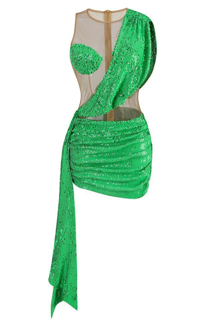 One Shoulder Sequin Mesh Panel Cutout Drape Sash Mini Dress