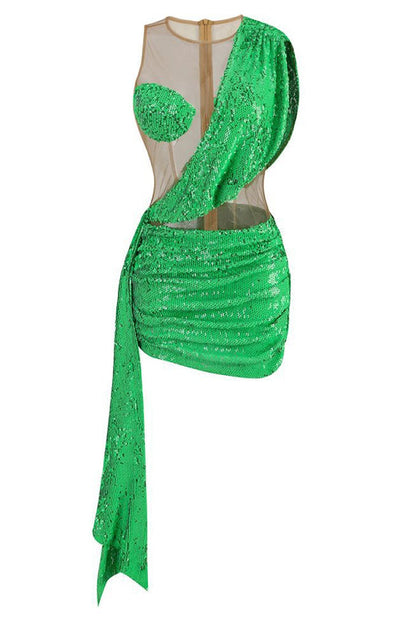 One Shoulder Sequin Mesh Panel Cutout Drape Sash Mini Dress
