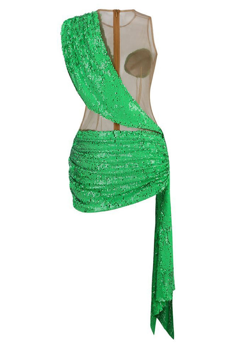 One Shoulder Sequin Mesh Panel Cutout Drape Sash Mini Dress
