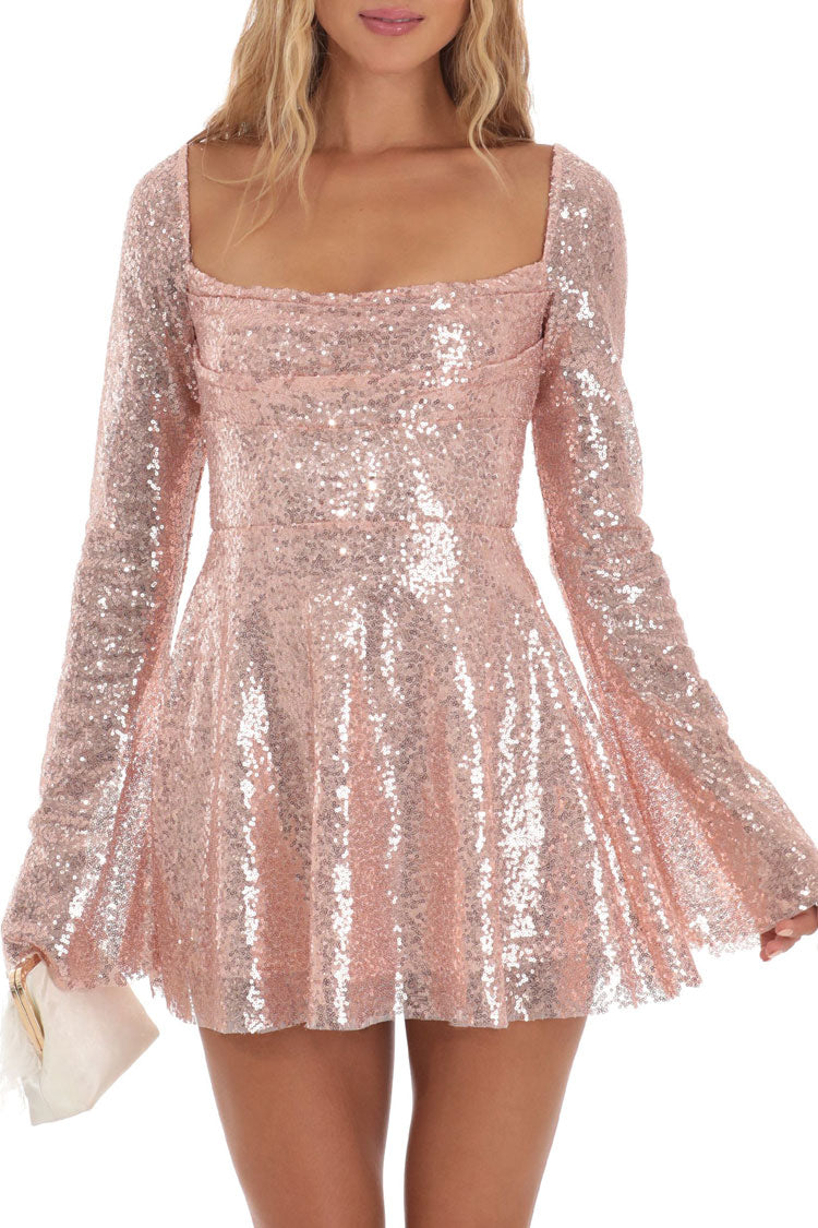 Square Neck Long Sleeve Sequin Pleated Skater Party Mini Dress