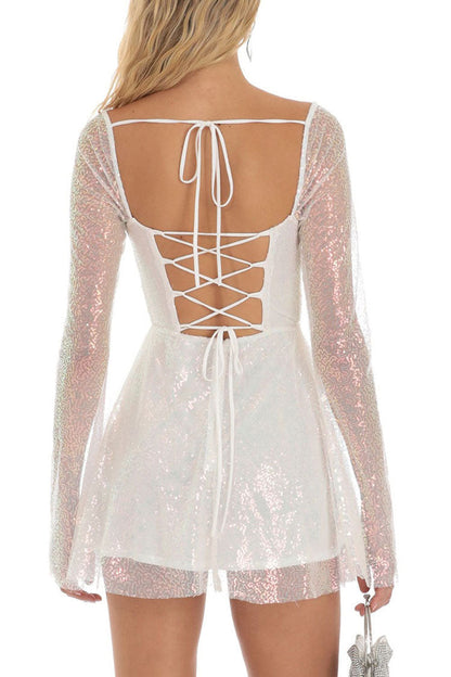 Square Neck Long Sleeve Sequin Tiered Pleated Skater Mini Dress