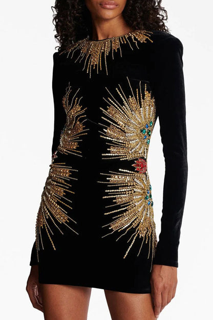 Crew Neck Structured Shoulder Velvet Beaded Sunburst Long Sleeve Mini Dress