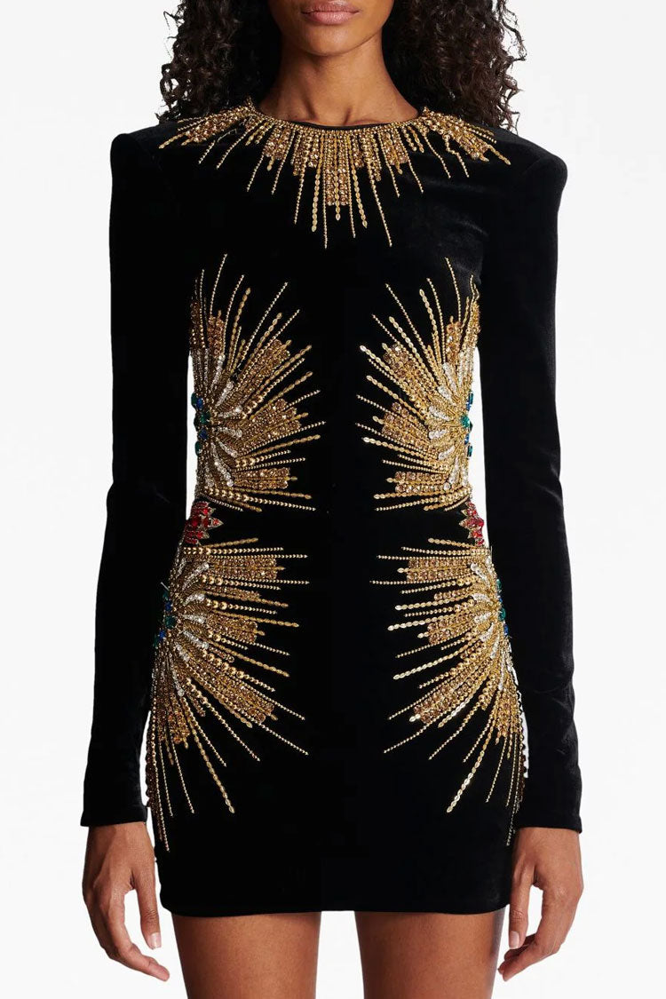 Crew Neck Structured Shoulder Velvet Beaded Sunburst Long Sleeve Mini Dress
