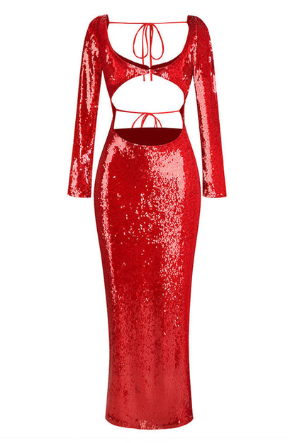 Sequin Sweetheart Deep V-Neck Waist Cutout Long Sleeve Mermaid Maxi Gown