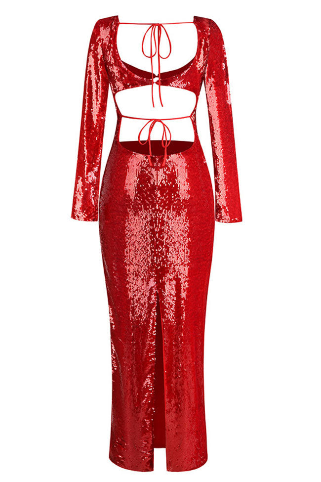Sequin Sweetheart Deep V-Neck Waist Cutout Long Sleeve Mermaid Maxi Gown