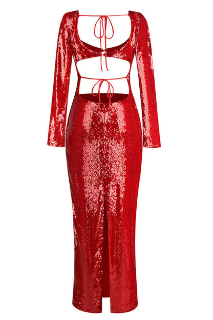 Sequin Sweetheart Deep V-Neck Waist Cutout Long Sleeve Mermaid Maxi Gown