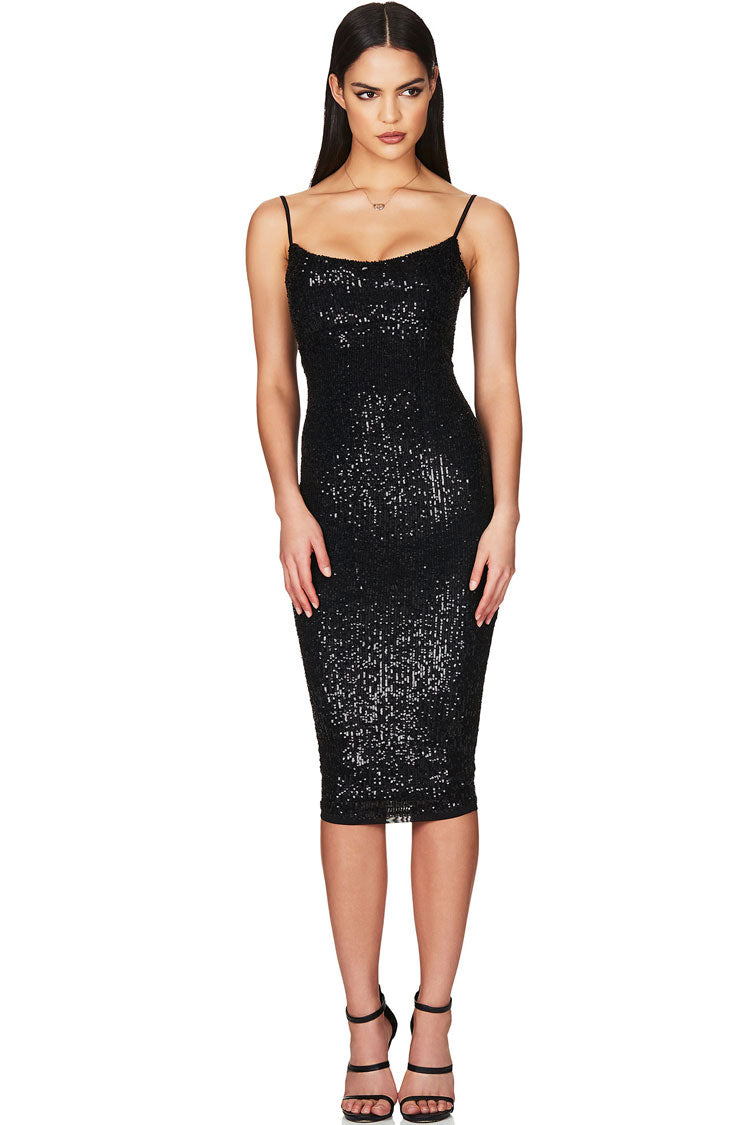 Scoop Neck Spaghetti Strap Sequin Bodycon Midi Dress