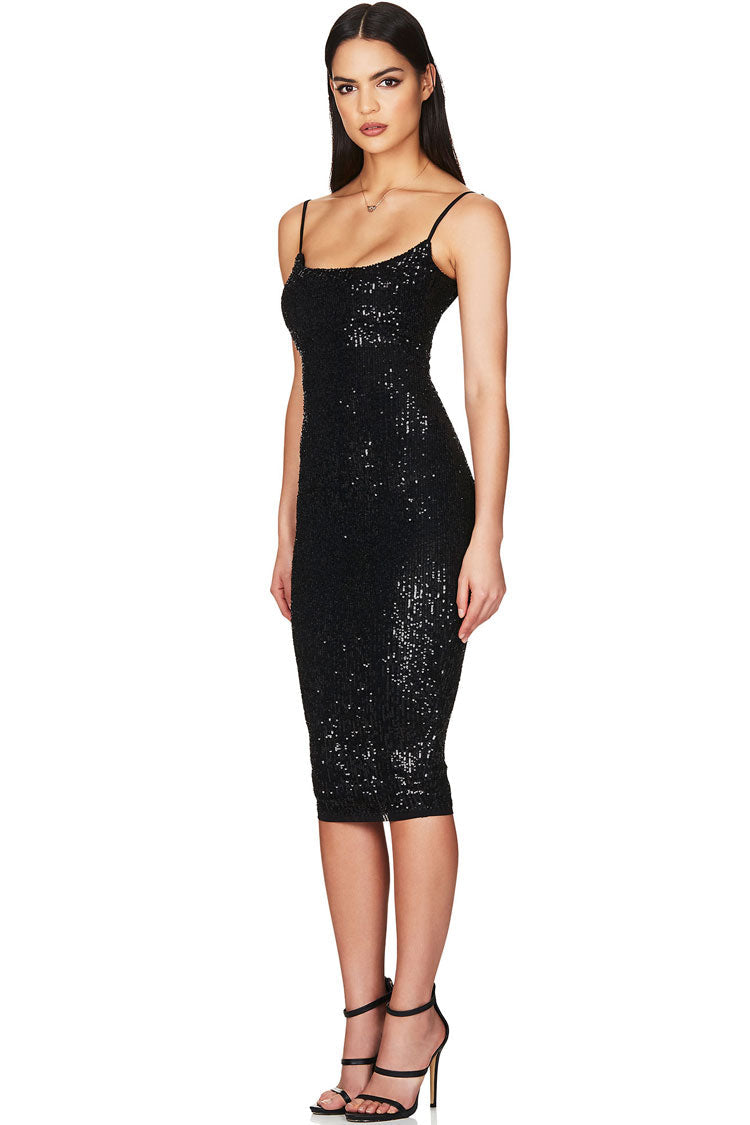 Scoop Neck Spaghetti Strap Sequin Bodycon Midi Dress