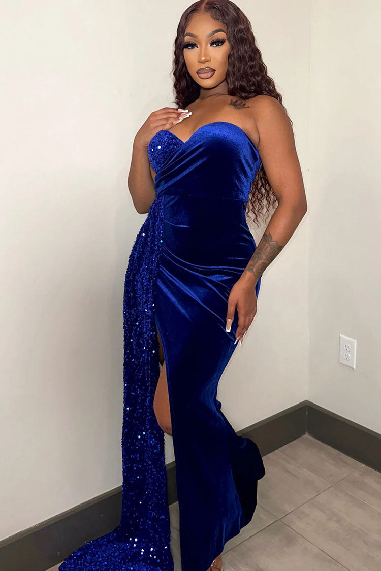 Strapless Sweetheart Velvet Sequin Draped Side Train High Split Maxi Gown