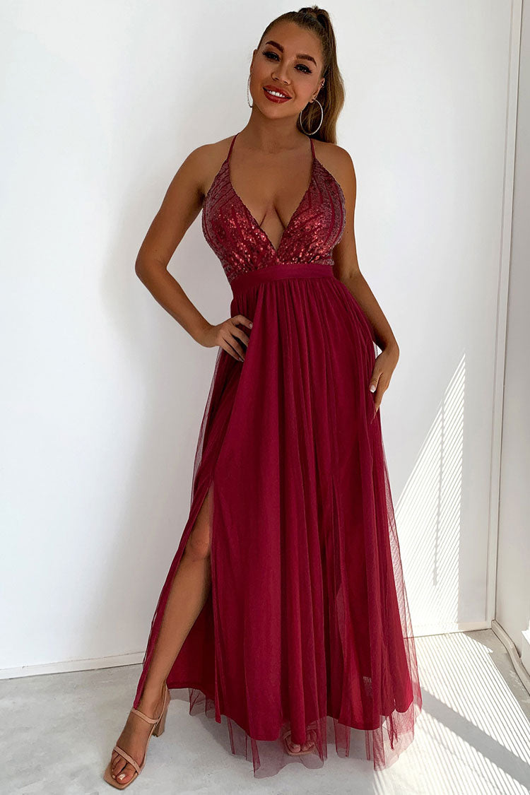 Sequin Deep V-Neck Spaghetti Strap High Slit Layered Tulle Maxi Gown