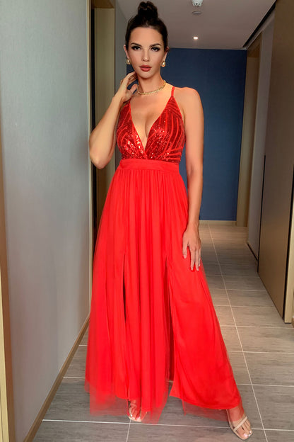 Sequin Deep V-Neck Spaghetti Strap High Slit Layered Tulle Maxi Gown
