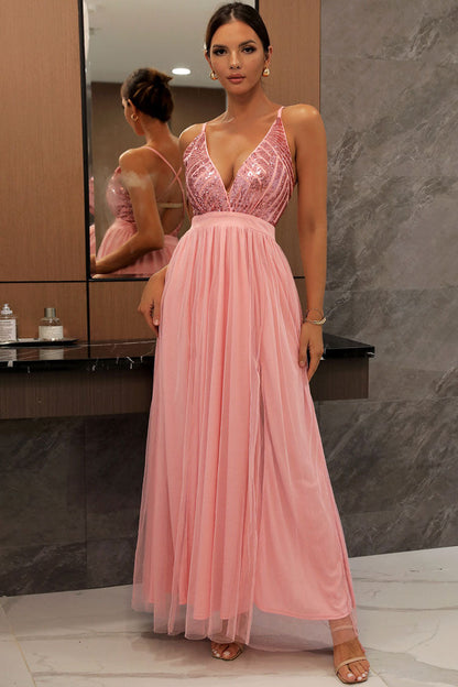 Sequin Deep V-Neck Empire Waist Tulle Overlay High Slit Maxi Gown