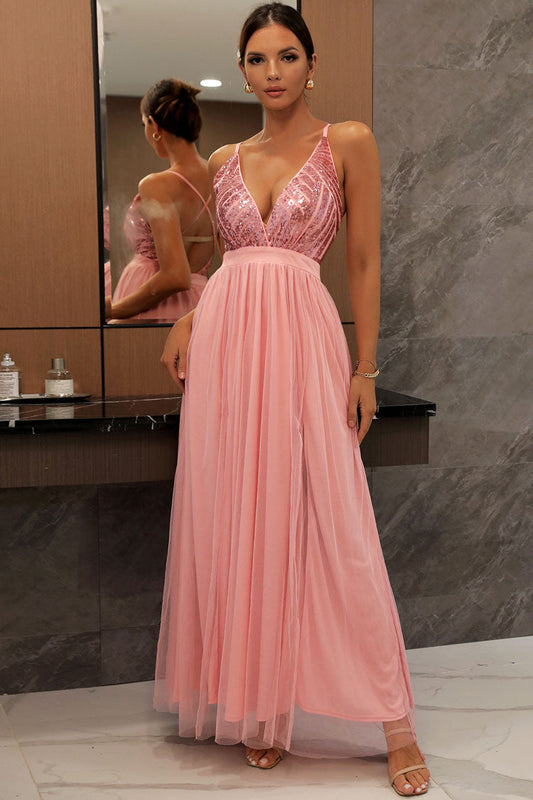Sequin Deep V-Neck Empire Waist Tulle Overlay High Slit Maxi Gown