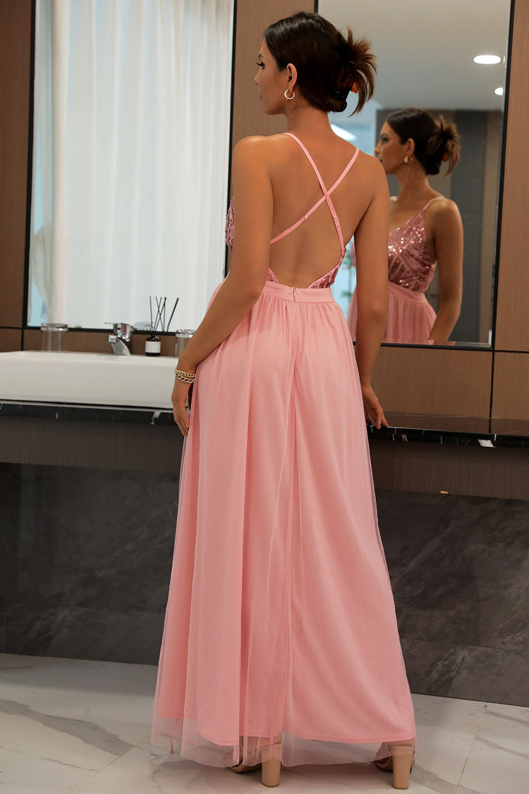Sequin Deep V-Neck Empire Waist Tulle Overlay High Slit Maxi Gown