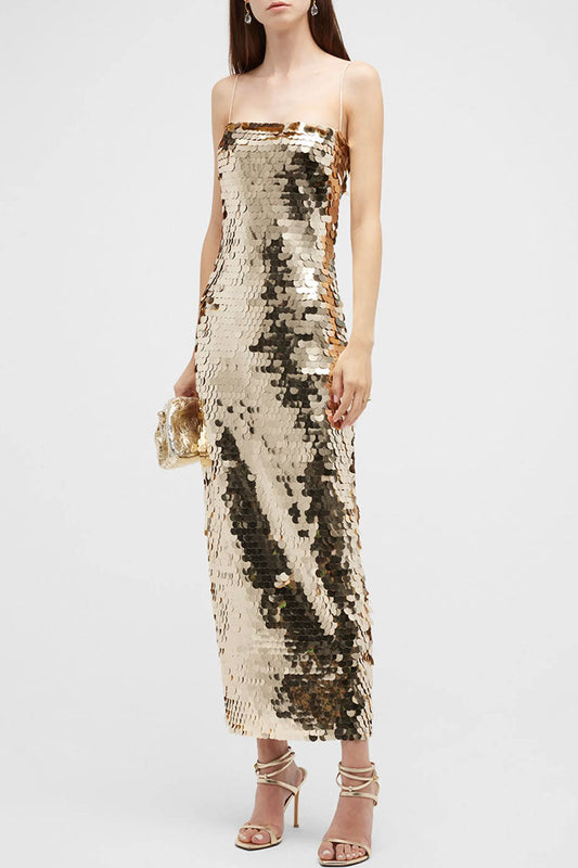 Spaghetti Strap Square Neck Sequin Paillette Column Maxi Dress