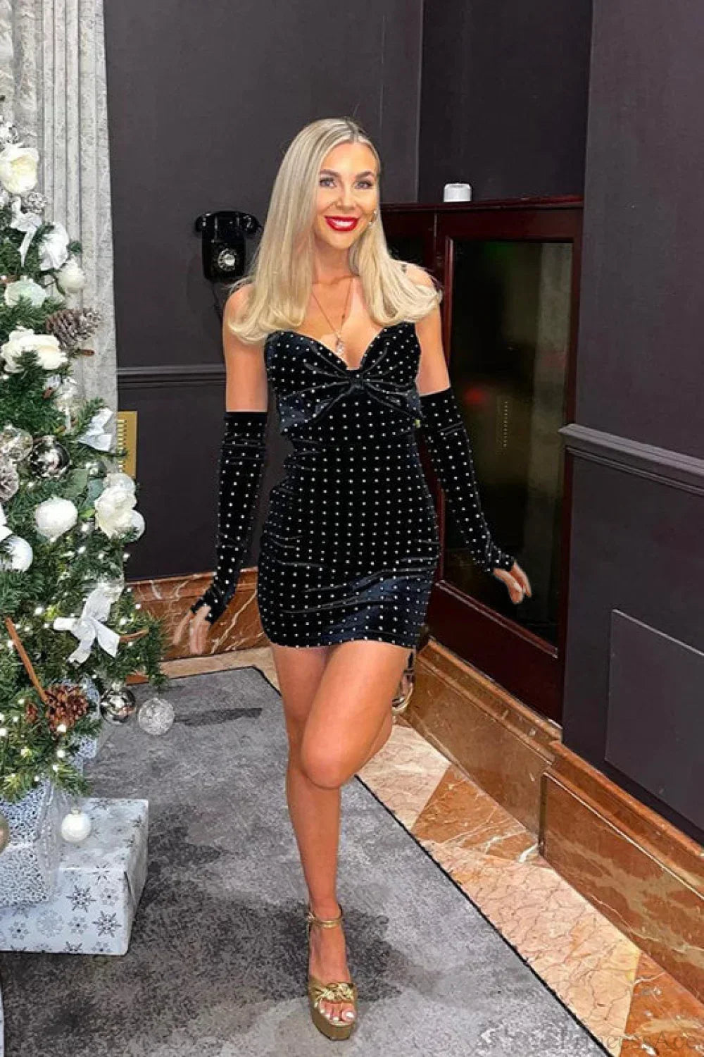 Rhinestone Embellished Velvet Strapless Bow Bust Bodycon Mini Dress