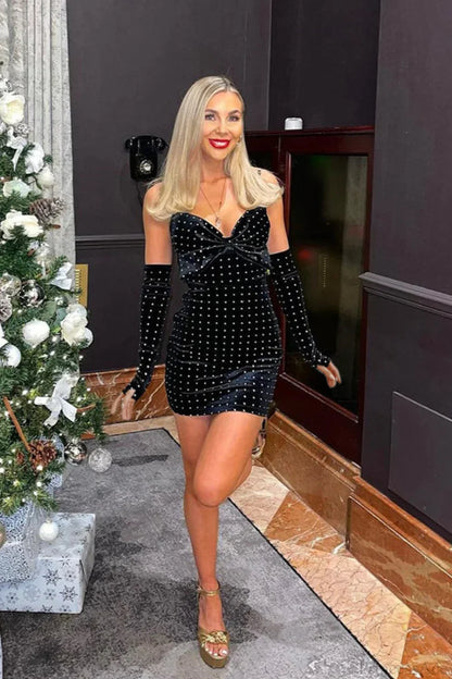 Rhinestone Embellished Velvet Strapless Bow Bust Bodycon Mini Dress