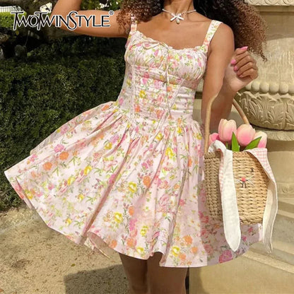 Spliced Square Neck Floral Dress