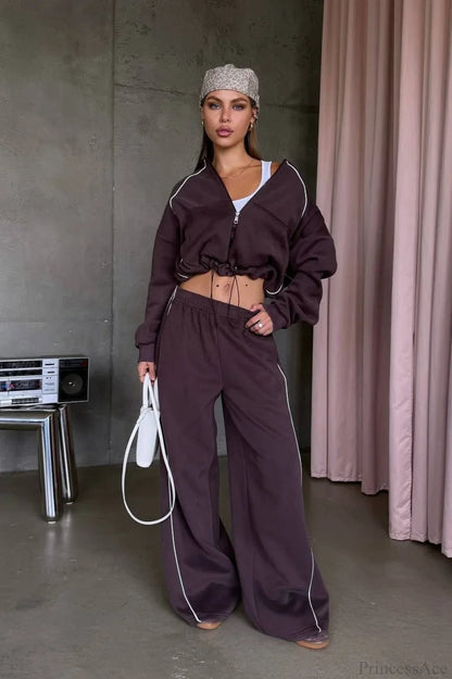 Sporty Color Block Hooded Straight-Leg Pants Two Piece Set