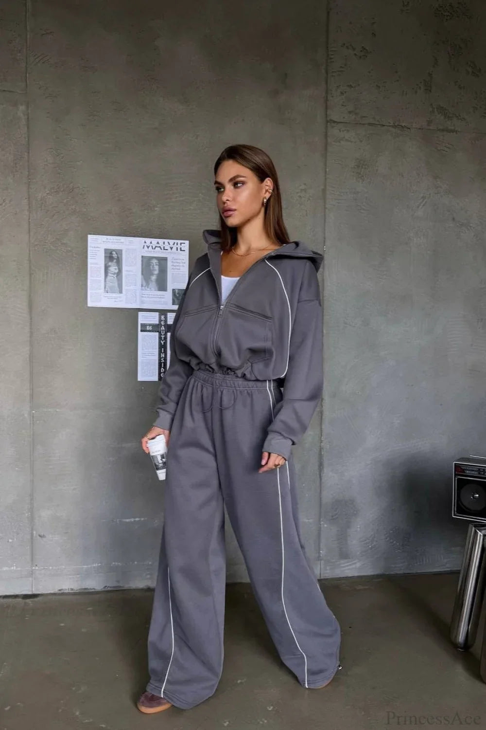 Sporty Color Block Hooded Straight-Leg Pants Two Piece Set