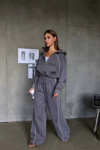 Sporty Color Block Hooded Straight-Leg Pants Two Piece Set
