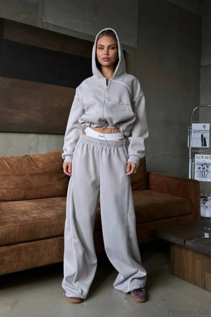 Sporty Color Block Hooded Straight-Leg Pants Two Piece Set