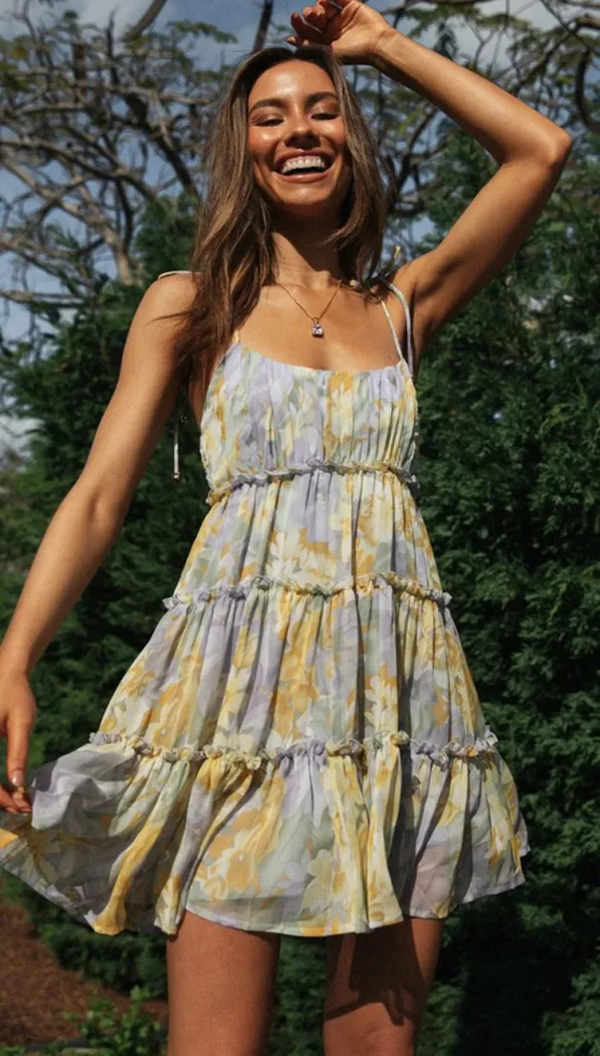 Square Collar Suspender Floral Dress