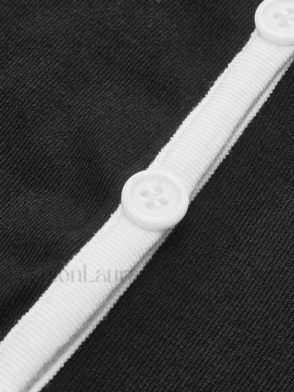 Square Neck Contrast Trim Long Sleeve Knit Shirt