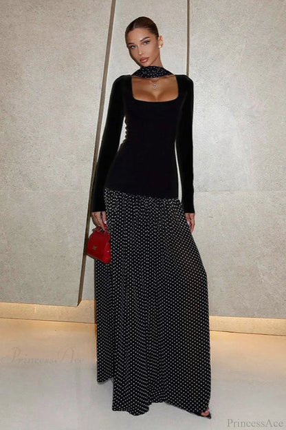 Square Neck Polka Dot Spliced A Line Maxi Dress