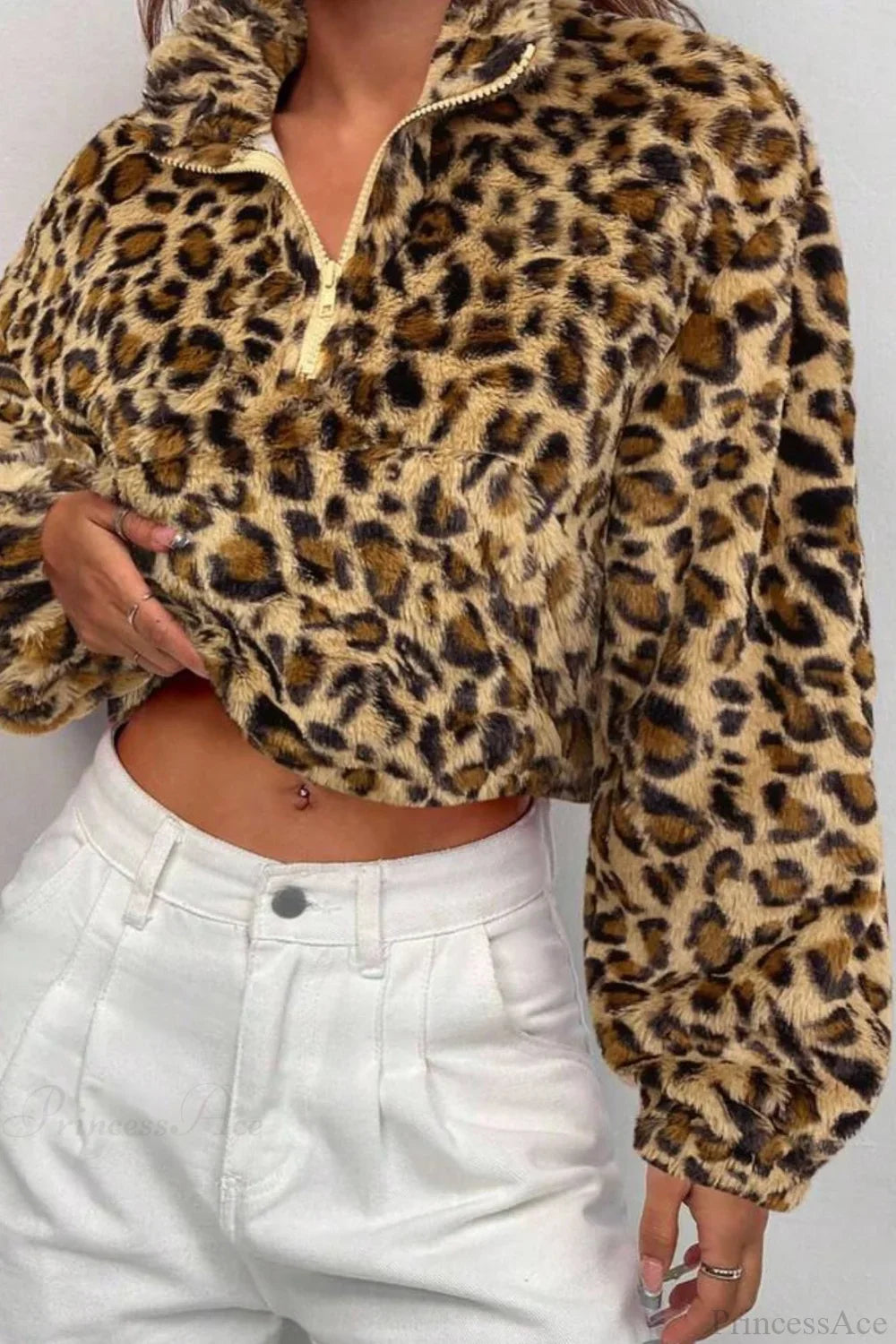 Stand Collar Half-Zip Leopard Print Cropped Fuzzy Coat